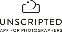 A black version of the Unscripted App for Photographers logo.