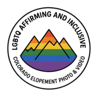 Circular badge with black text reading “Colorado Elopement Photographer and Videographer” around the outer ring and “LGBTQ+ Inclusive and Affirming” in the center, featuring a rainbow with added brown, black, light blue, and pink stripes to represent the Progress Pride flag.