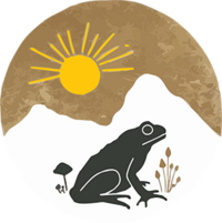 Rising Ridge logo featuring a frog, mushrooms, and sun over a mountain background.