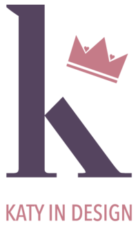 logo for katy in design with a purple k and a pink crown