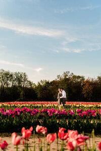 Expectant parents standing together in a field of tulips.  Dad is standing behind mom, and both have hands on her belly.  Photo taken by Delaware Maternity photographer, Kristi