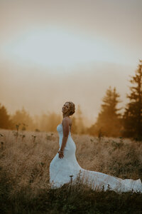 Stratman Imagery Bridal Portraits in the Western North Carolina Mountains at Golden Hour with fog rising. 