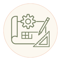Construction planning icon showing blueprints and drafting tools