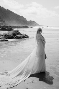black and white overlay, beautiful bride standing on beach