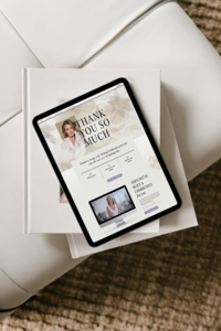 Thank you webpage design layout for spray tan artist on iPad on white chair with jute rug