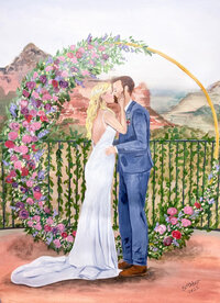 Wedding artist's portrayal of couple's first kiss in a live painting, celebrating their marriage