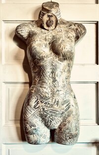 “De Paris avec amour” is a one-of-a-kind Parisian inspired decorative figure, collaged with my own toile surface pattern designs, musical notes decorative tissue paper, gilded with a gold glaze, and sealed with a clear, matte finish. She definitely speaks French romance from the gilded age!