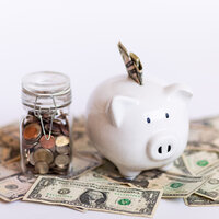 Piggy bank with dollars and coins
