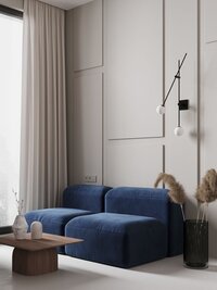 Interior design neutral with navy seating and clean lines