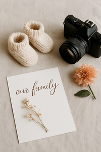 Flat lay of baby booties, handwritten card, flowers, and soft props on a linen surface, representing natural light maternity and family sessions in Minneapolis.