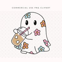 Clipart of a ghost drinking iced coffee from Sweet Cream Digital on Etsy