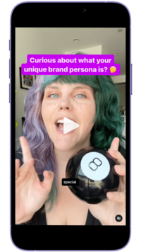 Phone showing a video from Megan Gersch with the text overlay "Curious about what your unique brand persona is?"