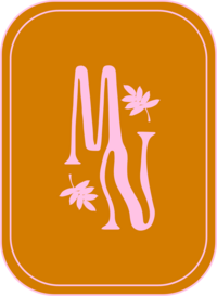 Pink Mellow Nectar Co Sublogo with "MN" in wavy font and hand-drawn leafy illustrations on mustard background.