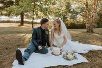 bride and groom sitting on. a picnic blanket in the grass with a cake