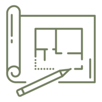 Icon of a blueprint and pencil representing construction planning and design coordination.