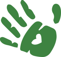 Handprint green brand icon symbolizing early childhood education in East Dallas at Bella Gardens, Dallas TX.