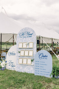 Large install seating chart, welcome sign, and order of the day for a blue and white garden party wedding.