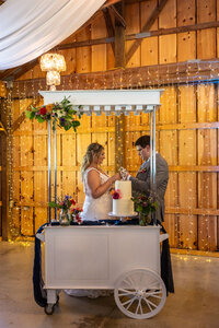 Bride in groom beside a cart that has their wedding cake