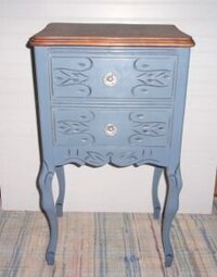 blue 2 drawer table with wood stained top
