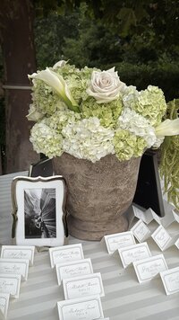 light green with pink florals on a table featuring client's seating arrangement with photo in gold frame of couple they're taking documentary photos for