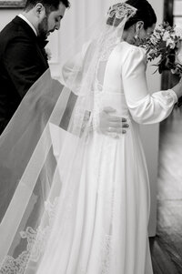 Black and white image of bride at The Mason classic Dallas wedding