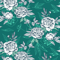 The print and pattern library of Skye McNeill Studio features Botanical themes of florals and foliage available for sale and licensing. Shown here is a highly detailed line drawing of peonies and birds on a dark teal background.