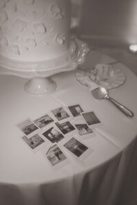 Black and white Polaroid photos from a wedding, showcasing intimate moments and memories captured on film, emphasizing timelessness and authenticity.