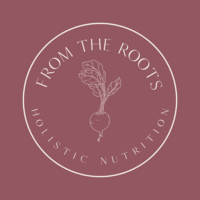 Simple beet illustration with the words "From the Roots Holistic Nutrition"