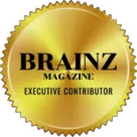 Gold foil logo with words "Brainz Magazine"