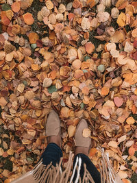 a woman standing in colorful fall leaves 