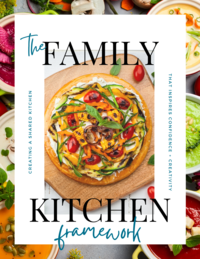 Photo of the cover of The Shared Kitchen. Text on the cover: The Shared Kitchen. A Family Kitchen System. Creating A Family Kitchen That Inspires Confidence + Creativity. Featured image of a colorful pizza topped with roasted veggies. Bowls of colorful soup are in the background.