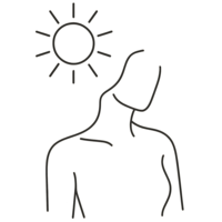 Line art of a woman with flowing hair and a sun above, symbolizing glowing skin and spray tanning services.