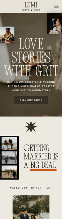 Screenshot of the mobile version of a bold Showit website template for elopement photographers