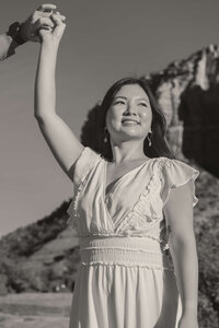 Black and White. Engagement session at golden hour in the Sedona red rocks.