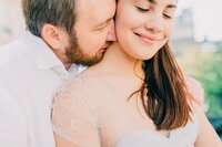Bride and groom walk up memorial steps at their DC wedding