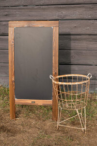 wood chalkboard and wire basket