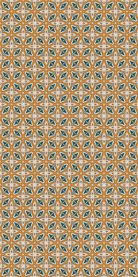 A colorful design showcasing orange and green shapes scattered throughout.