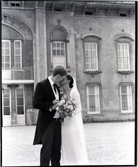 Medium format portrait of bride and groom at Sezincote, Cotswold wedding venue