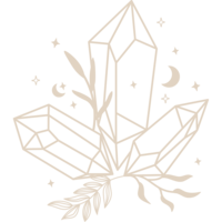 tan line drawing of three crystals with moons and leaves