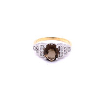 smokey quarts gemstone ring with white diamond pave setting sides in white and yellow gold