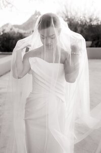 Bride pulling the veil over her head as the sun shines through it
