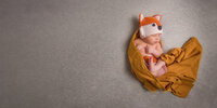newborn baby dressed in fox attire
