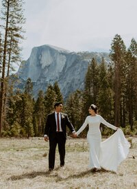bride and groom getting married under half dome yosemite
