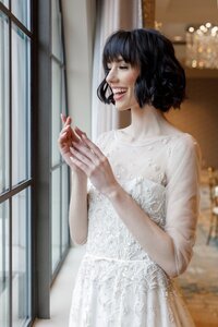 a-line illusion neckline wedding dress with pockets