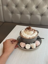 Hand holding a grey ceramic cup of hot chocolate topped with whipped cream and cocoa powder, served with marshmallows on a saucer at a café table