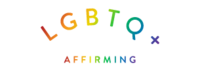 Rainbow-colored "LGBTQ+" text above "Affirming" in bold, colorful letters, symbolizing support and inclusivity for the LGBTQ+ community.