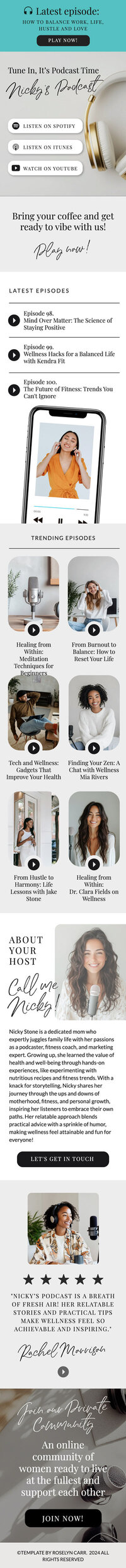 Mobile-friendly design for the Nicky Podcast Add-On template, perfect for podcasters and content creators on Showit.