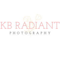 logo of a denver wedding photographer KB Radiant Photography with pink lettering and a yellow flower in the background