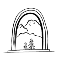 A line drawing icon of portal to a mountainous location.