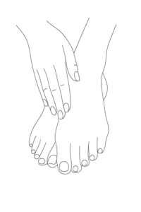 A minimalist line drawing showing a close-up of a woman's mani and pedi.